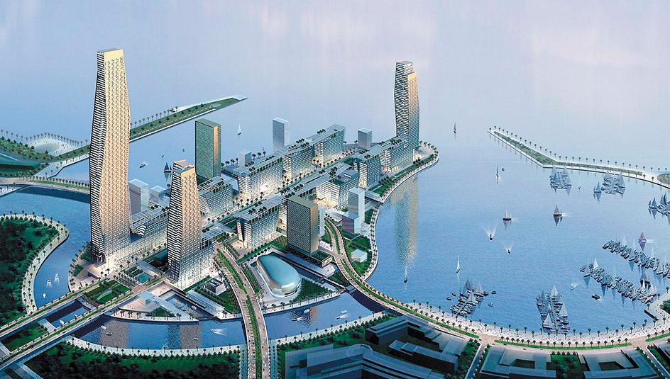  Ciudad futurista con rascacielos y agua.
Neom