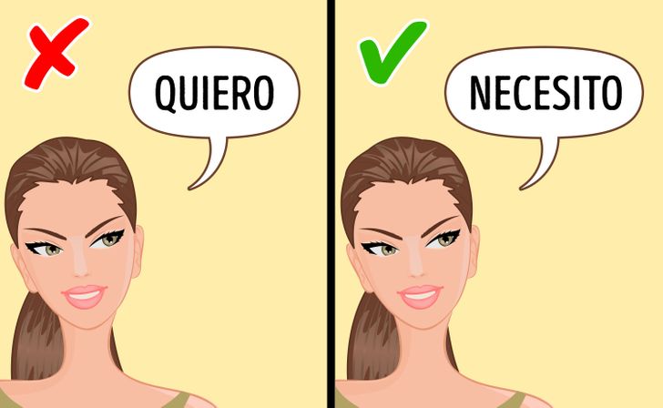 Dos imágenes de una mujer con las palabras "quiero" y "necesito".
Regla