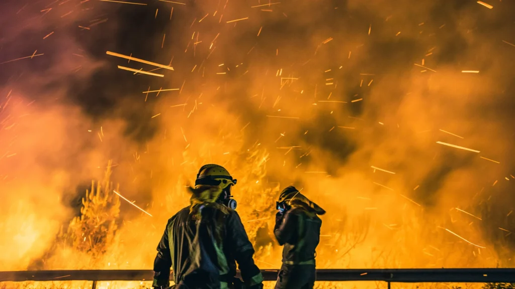 Bomberos rodeado de grandes llamas de fuego
Incendios